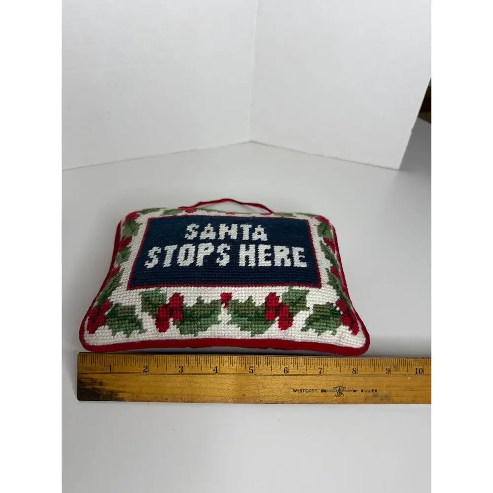 Christmas Santa Stops Here Handing Needlepoint Pillow